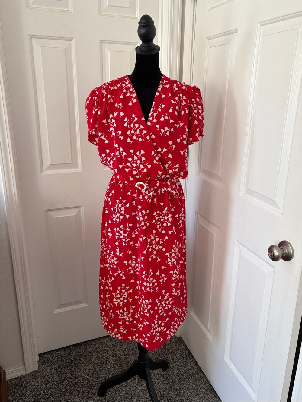 Vintage Alison Peters Red and White Floral Midi Dress.